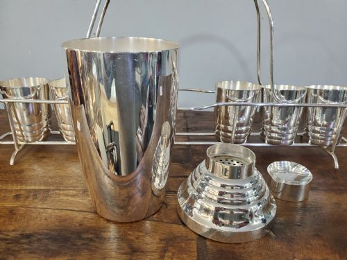 ART DECO FRENCH SILVER PLATE COCKTAIL SHAKER 6 BEAKER SET MAISON BARRA C1930 - ADDITIONAL PHOTO 4