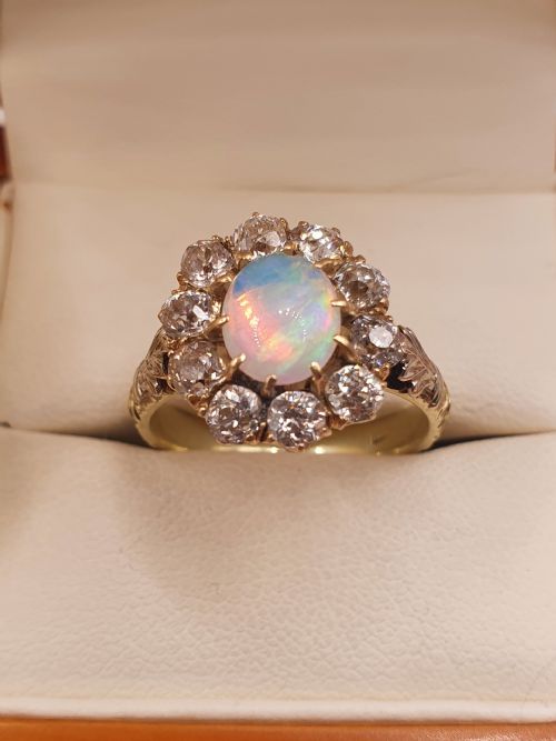victorian 3ct opal diamond 18ct ring c1890 - CATEGORY: ANTIQUE JEWELLERY - DATED 1890