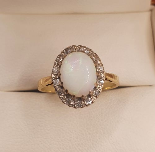 opal diamond 9ct gold cluster ring size o - CATEGORY: ANTIQUE JEWELLERY - DATED 1930