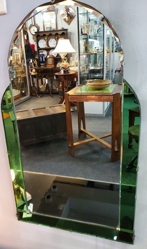 art deco arch shaped mirror with green glass border c1930 - CATEGORY: ANTIQUE MIRRORS - DATED 1930