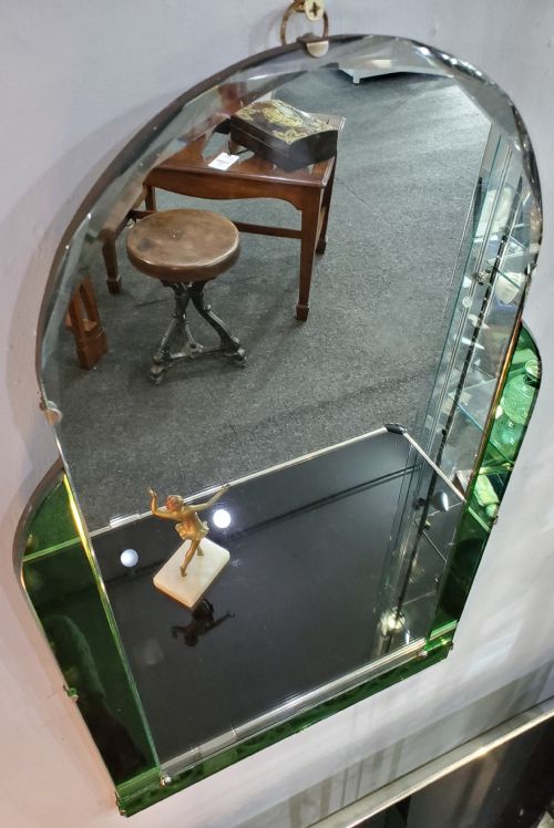 ART DECO ARCH SHAPED MIRROR WITH GREEN GLASS BORDER C1930 - ADDITIONAL PHOTO 1