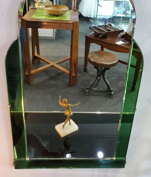 ART DECO ARCH SHAPED MIRROR WITH GREEN GLASS BORDER C1930 - ADDITIONAL PHOTO 2