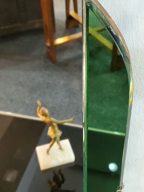 ART DECO ARCH SHAPED MIRROR WITH GREEN GLASS BORDER C1930 - ADDITIONAL PHOTO 3