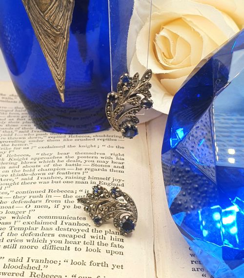 ART DECO STERLING SILVER SAPPHIRE MARCASITE EARRINGS C1930S - ADDITIONAL PHOTO 2