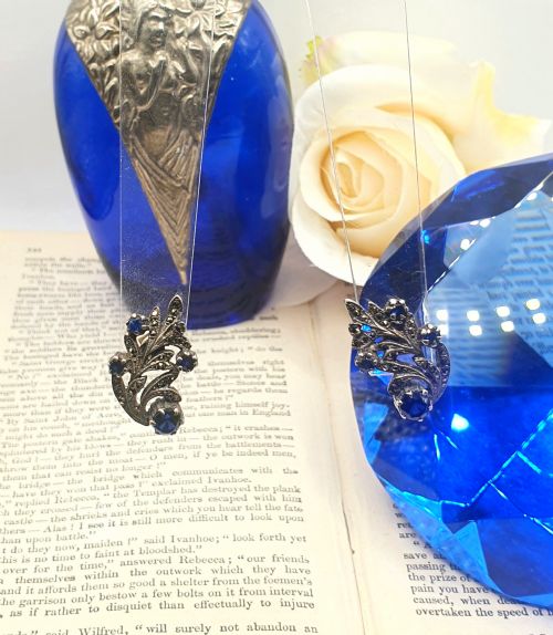 ART DECO STERLING SILVER SAPPHIRE MARCASITE EARRINGS C1930S - ADDITIONAL PHOTO 3