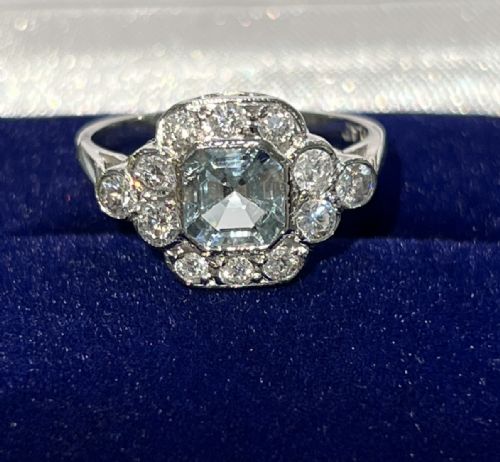 ART DECO AQUAMARINE DIAMOND ON PLATINUM RING 4000 - ADDITIONAL PHOTO 4