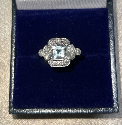ART DECO AQUAMARINE DIAMOND ON PLATINUM RING 4000 - ADDITIONAL PHOTO 1