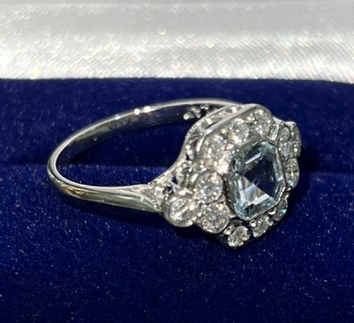 ART DECO AQUAMARINE DIAMOND ON PLATINUM RING 4000 - ADDITIONAL PHOTO 2