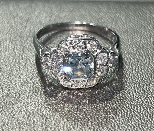 art deco aquamarine diamond on platinum ring 4000 - CATEGORY: ANTIQUE JEWELLERY - DATED 1930