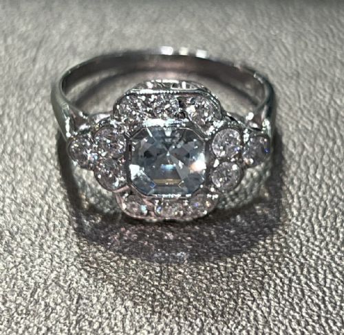 ART DECO AQUAMARINE DIAMOND ON PLATINUM RING 4000 - ADDITIONAL PHOTO 5