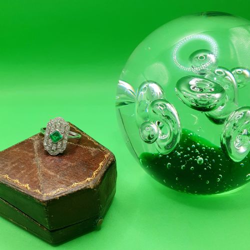 ART DECO EMERALD DIAMOND CLUSTER PANEL RING SIZE M12 - ADDITIONAL PHOTO 4