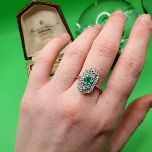 ART DECO EMERALD DIAMOND CLUSTER PANEL RING SIZE M12 - ADDITIONAL PHOTO 9
