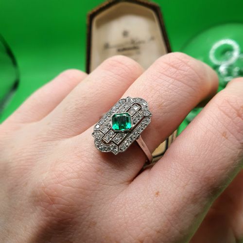 ART DECO EMERALD DIAMOND CLUSTER PANEL RING SIZE M12 - ADDITIONAL PHOTO 10