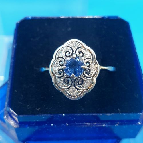 french edwardian cornflower blue sapphire diamond on platinum 18ct gold ring size m - CATEGORY: ANTIQUE JEWELLERY - DATED 1900