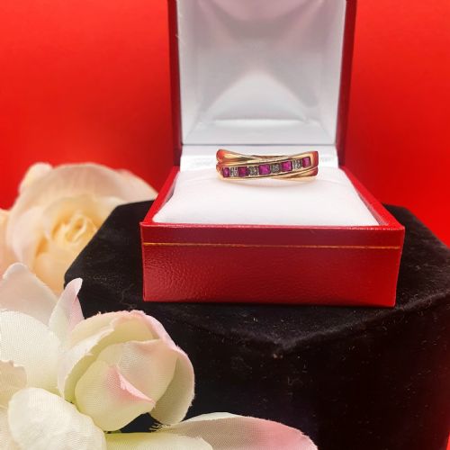 RUBY DIAMOND 9CT GOLD HALF ETERNITY CROSSOVER RING SIZE P - ADDITIONAL PHOTO 1