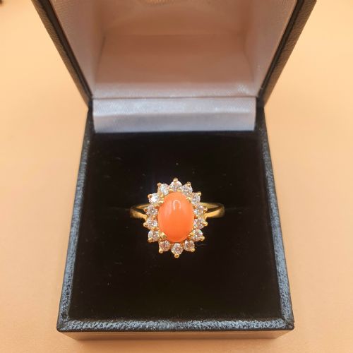 CORAL DIAMOND HALO ON 18CT GOLD EARRING AND RING SET SIZE K12 - ADDITIONAL PHOTO 9