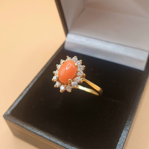 CORAL DIAMOND HALO ON 18CT GOLD EARRING AND RING SET SIZE K12 - ADDITIONAL PHOTO 1