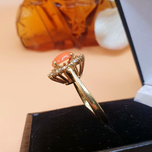 CORAL DIAMOND HALO ON 18CT GOLD EARRING AND RING SET SIZE K12 - ADDITIONAL PHOTO 2