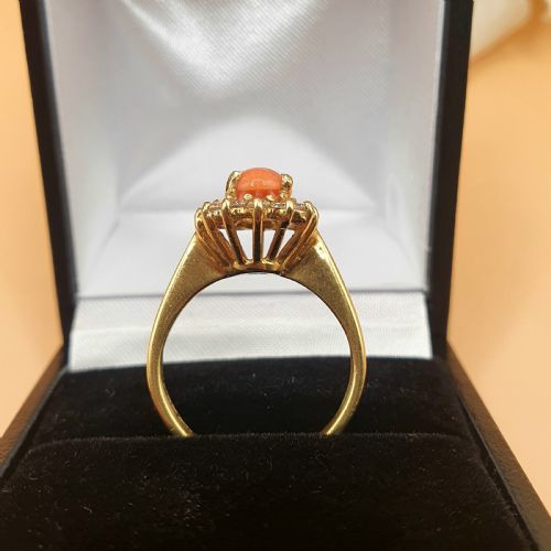 CORAL DIAMOND HALO ON 18CT GOLD EARRING AND RING SET SIZE K12 - ADDITIONAL PHOTO 3