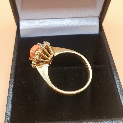 CORAL DIAMOND HALO ON 18CT GOLD EARRING AND RING SET SIZE K12 - ADDITIONAL PHOTO 4