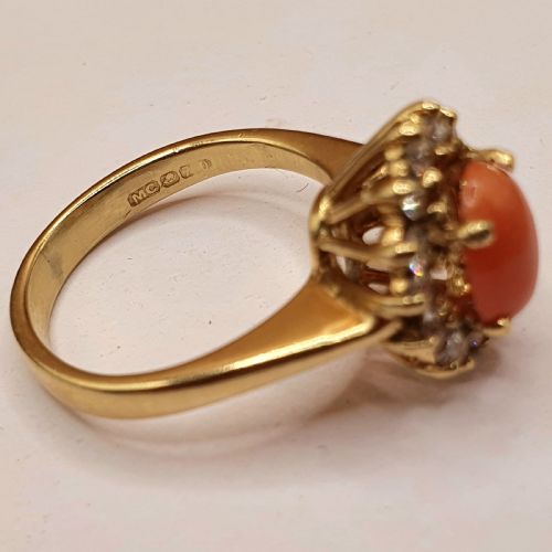 CORAL DIAMOND HALO ON 18CT GOLD EARRING AND RING SET SIZE K12 - ADDITIONAL PHOTO 5