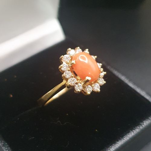CORAL DIAMOND HALO ON 18CT GOLD EARRING AND RING SET SIZE K12 - ADDITIONAL PHOTO 6