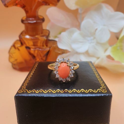 CORAL DIAMOND HALO ON 18CT GOLD EARRING AND RING SET SIZE K12 - ADDITIONAL PHOTO 8