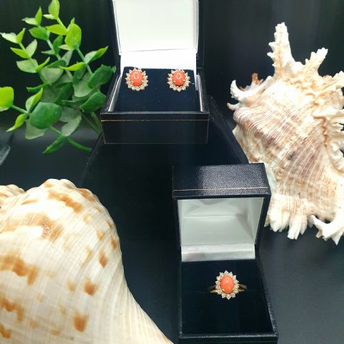 coral diamond halo on 18ct gold earring and ring set size k12 - CATEGORY: ANTIQUE JEWELLERY - DATED 1950