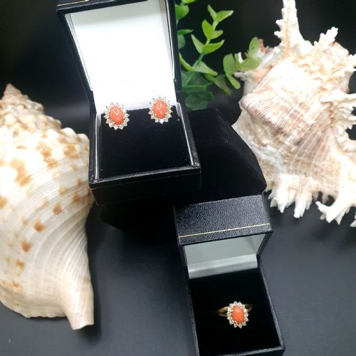 CORAL DIAMOND HALO ON 18CT GOLD EARRING AND RING SET SIZE K12 - ADDITIONAL PHOTO 10