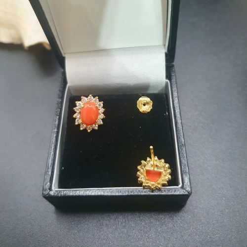 CORAL DIAMOND HALO ON 18CT GOLD EARRING AND RING SET SIZE K12 - ADDITIONAL PHOTO 11