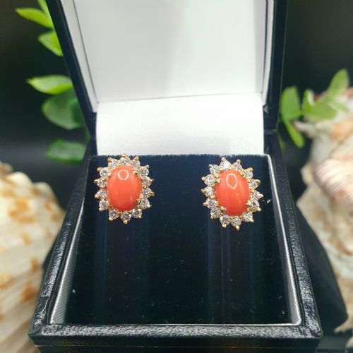 CORAL DIAMOND HALO ON 18CT GOLD EARRING AND RING SET SIZE K12 - ADDITIONAL PHOTO 13