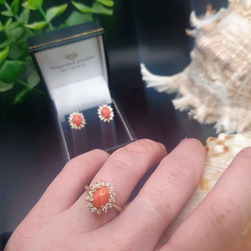 CORAL DIAMOND HALO ON 18CT GOLD EARRING AND RING SET SIZE K12 - ADDITIONAL PHOTO 14
