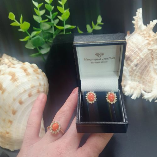 CORAL DIAMOND HALO ON 18CT GOLD EARRING AND RING SET SIZE K12 - ADDITIONAL PHOTO 16