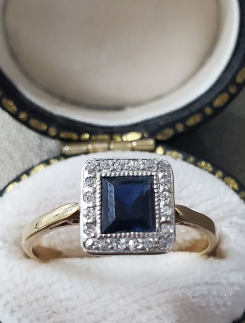 art deco sapphire diamond 18ct gold ring c1920s size n - CATEGORY: ANTIQUE JEWELLERY - DATED 1920