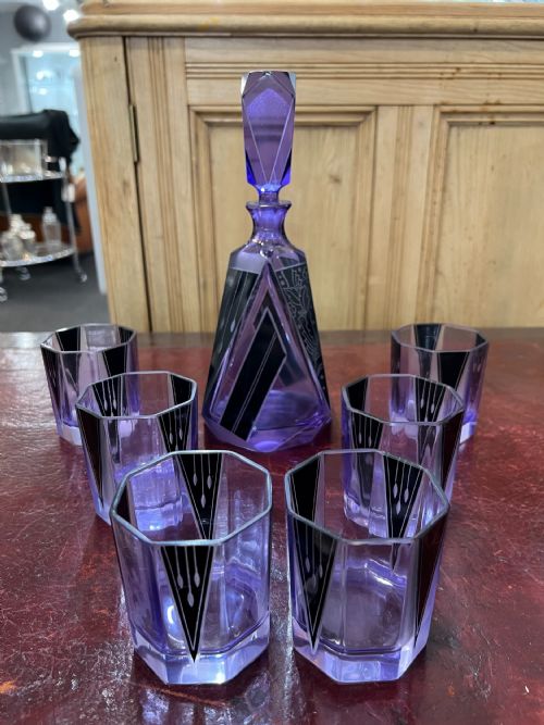 original karl palda art deco decanter set bohemia c1930 hand enamelled lead crystal - CATEGORY: ANTIQUE GLASS - DATED 1930