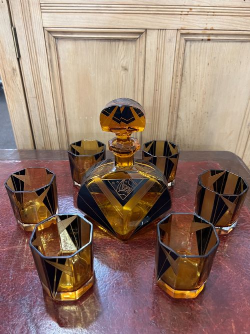 original karl palda art deco decanter set bohemia c1930 hand enamelled lead crystal - CATEGORY: ANTIQUE GLASS - DATED 1930