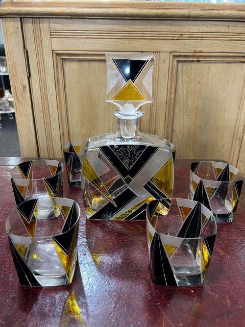 original karl palda art deco decanter set bohemia c1930 hand enamelled lead crystal - CATEGORY: ANTIQUE GLASS - DATED 1930