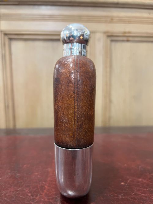 JAMES DIXON SONS ANTIQUE SILVER PLATED LEATHER BOUND HIP FLASK C1930S - ADDITIONAL PHOTO 1