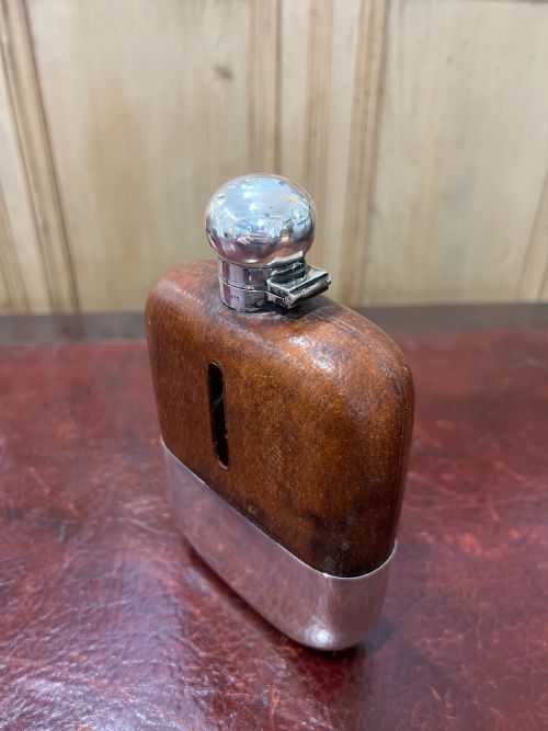 JAMES DIXON SONS ANTIQUE SILVER PLATED LEATHER BOUND HIP FLASK C1930S - ADDITIONAL PHOTO 3