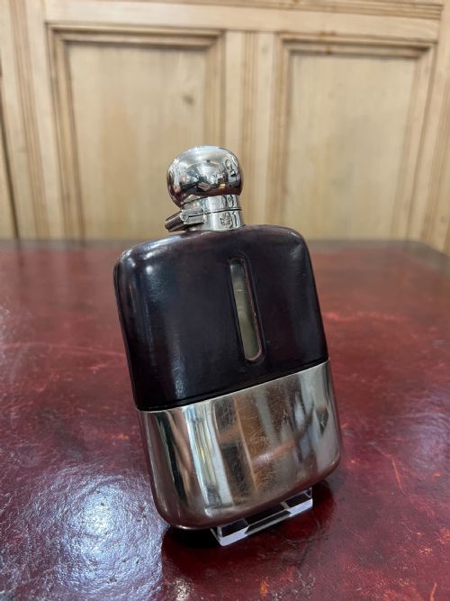 james dixon sons hip flask calf leather silver plated casing c1920 - CATEGORY: ANTIQUE SILVER - DATED 1920