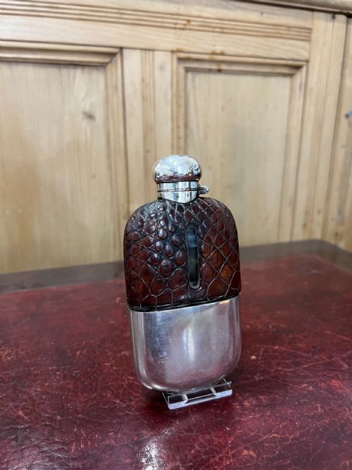 james dixon sons silver plated crocodile leather hip flask - CATEGORY: ANTIQUE SILVER - DATED 1930
