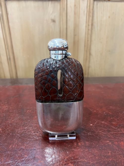 JAMES DIXON SONS SILVER PLATED CROCODILE LEATHER HIP FLASK - ADDITIONAL PHOTO 1