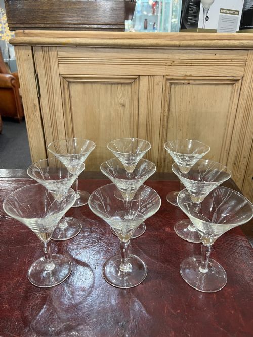 art deco set of 9 long stem cocktail glasses c1920s - CATEGORY: ANTIQUE GLASS - DATED 1920