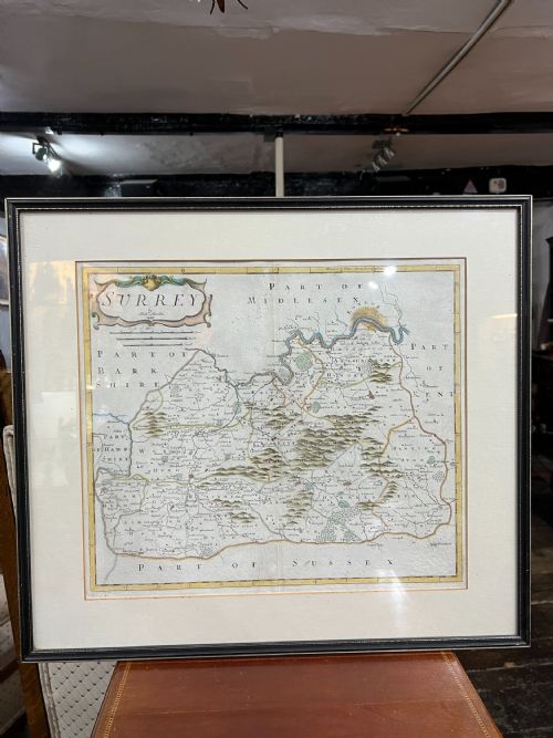 robert morden antique hand coloured map of surrey framed 1695 - CATEGORY: ANTIQUE MISCELLANEOUS - DATED BEFORE 1700