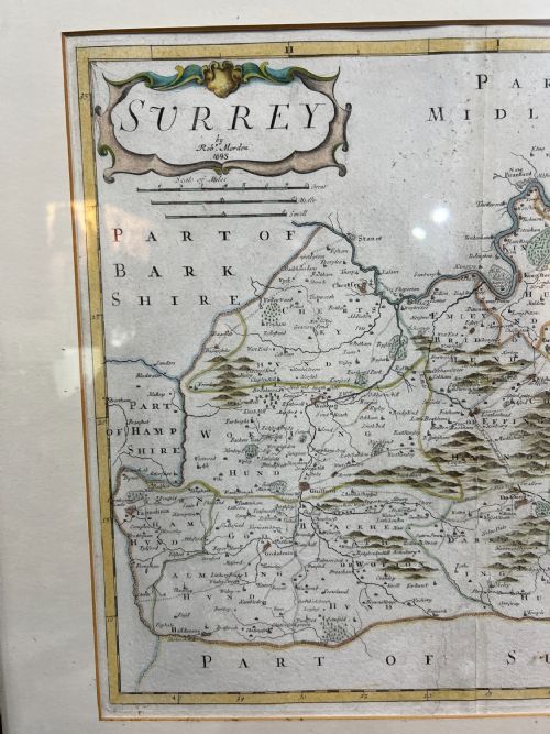 ROBERT MORDEN ANTIQUE HAND COLOURED MAP OF SURREY FRAMED 1695 - ADDITIONAL PHOTO 2