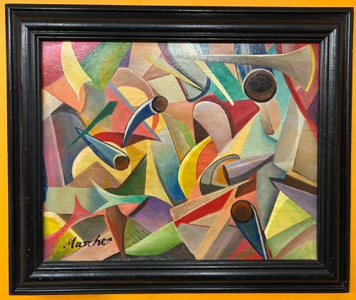 french cubist oil on board signed marcher c1950 - CATEGORY: ANTIQUE ART - DATED 1950
