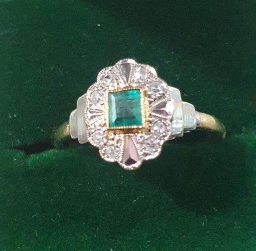 art deco natural emerald diamond platinum 18ct gold ring c1920s n12 - CATEGORY: ANTIQUE JEWELLERY - DATED 1920