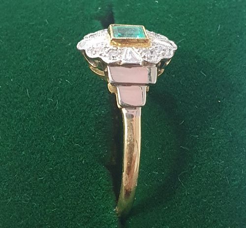 ART DECO NATURAL EMERALD DIAMOND PLATINUM 18CT GOLD RING C1920S N12 - ADDITIONAL PHOTO 4