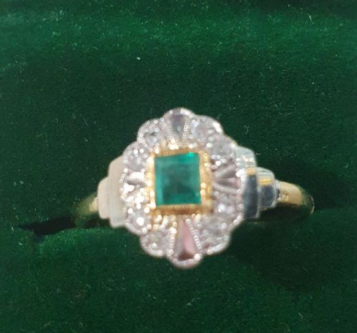 ART DECO NATURAL EMERALD DIAMOND PLATINUM 18CT GOLD RING C1920S N12 - ADDITIONAL PHOTO 5