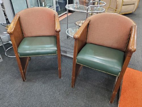 pair art deco oak leather cinema seats c1920s - CATEGORY: ANTIQUE CHAIRS - DATED 1930